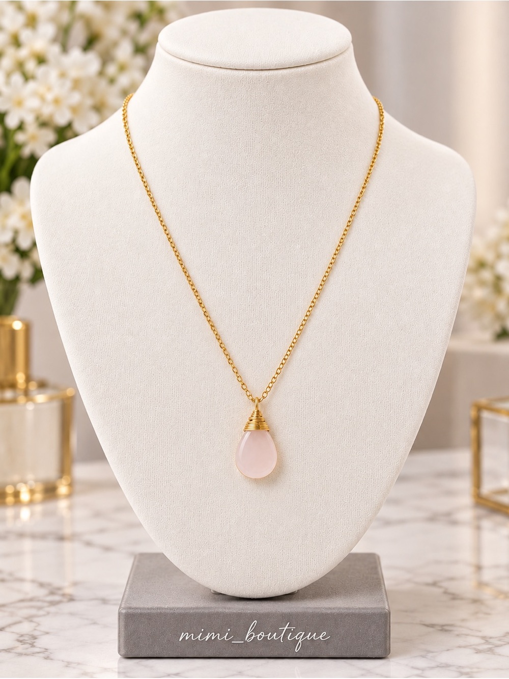 Rose Quartz Pendant Gold Tone Necklace